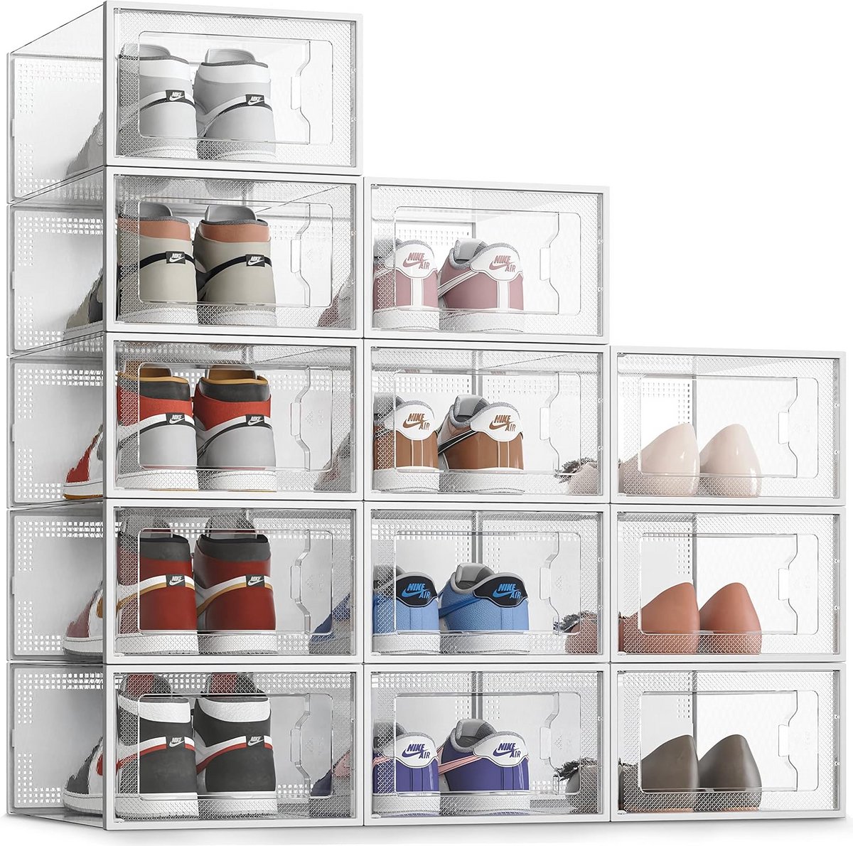 Set van 12 Stapelbare Opvouwbare Schoenendozen - Transparante Opbergboxen Wit