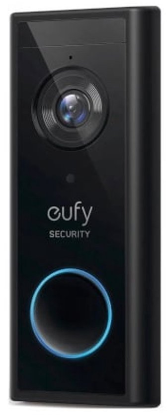 Zwarte Eufy deurbel met lens, microfoon en een blauwe cirkel op de knop.