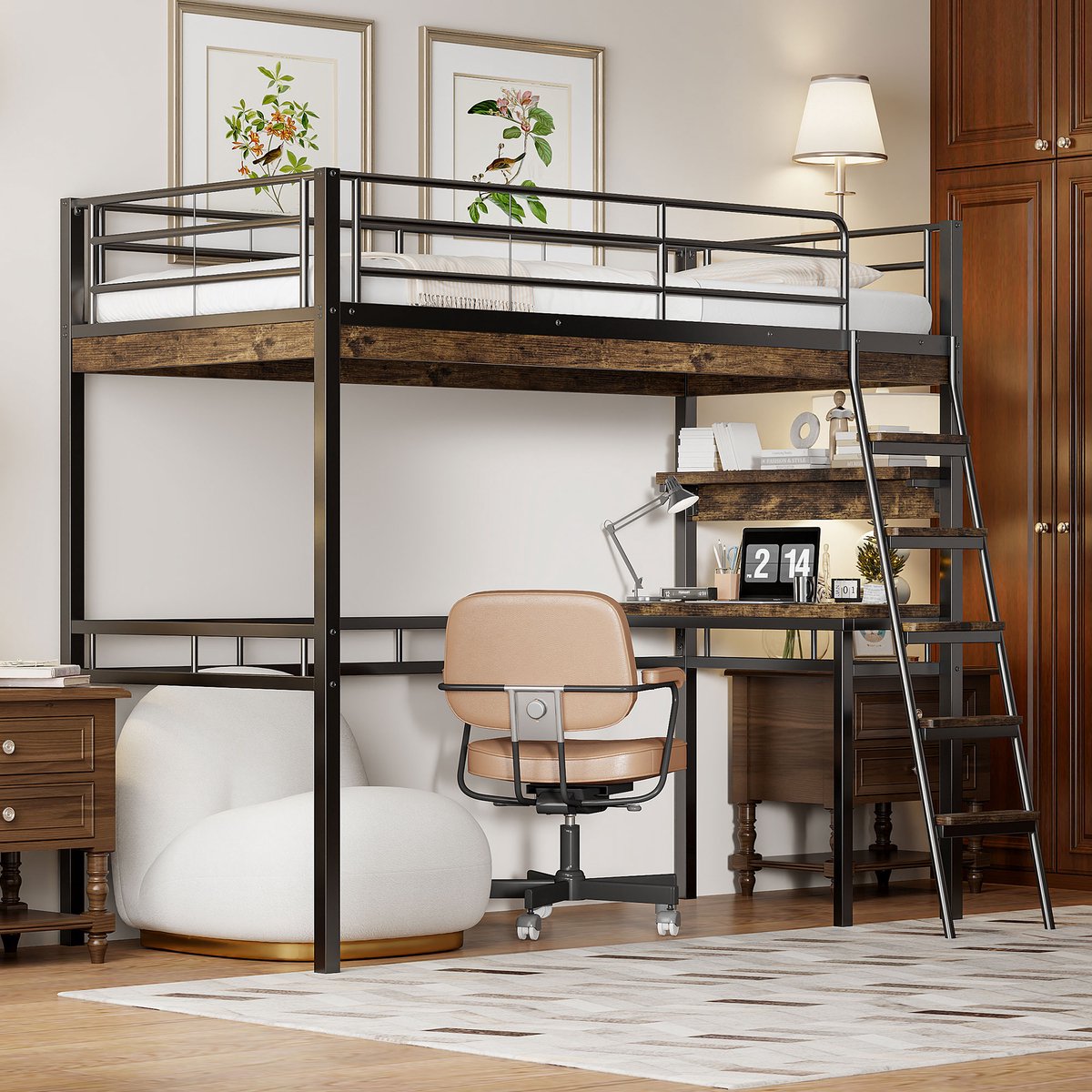 Wishdor Hoogslaper 90x200 cm – Inclusief Bureau & Opbergrekken – Met Veiligheidshek & Ladder – Strak & Functioneel – Metaal – Zwart