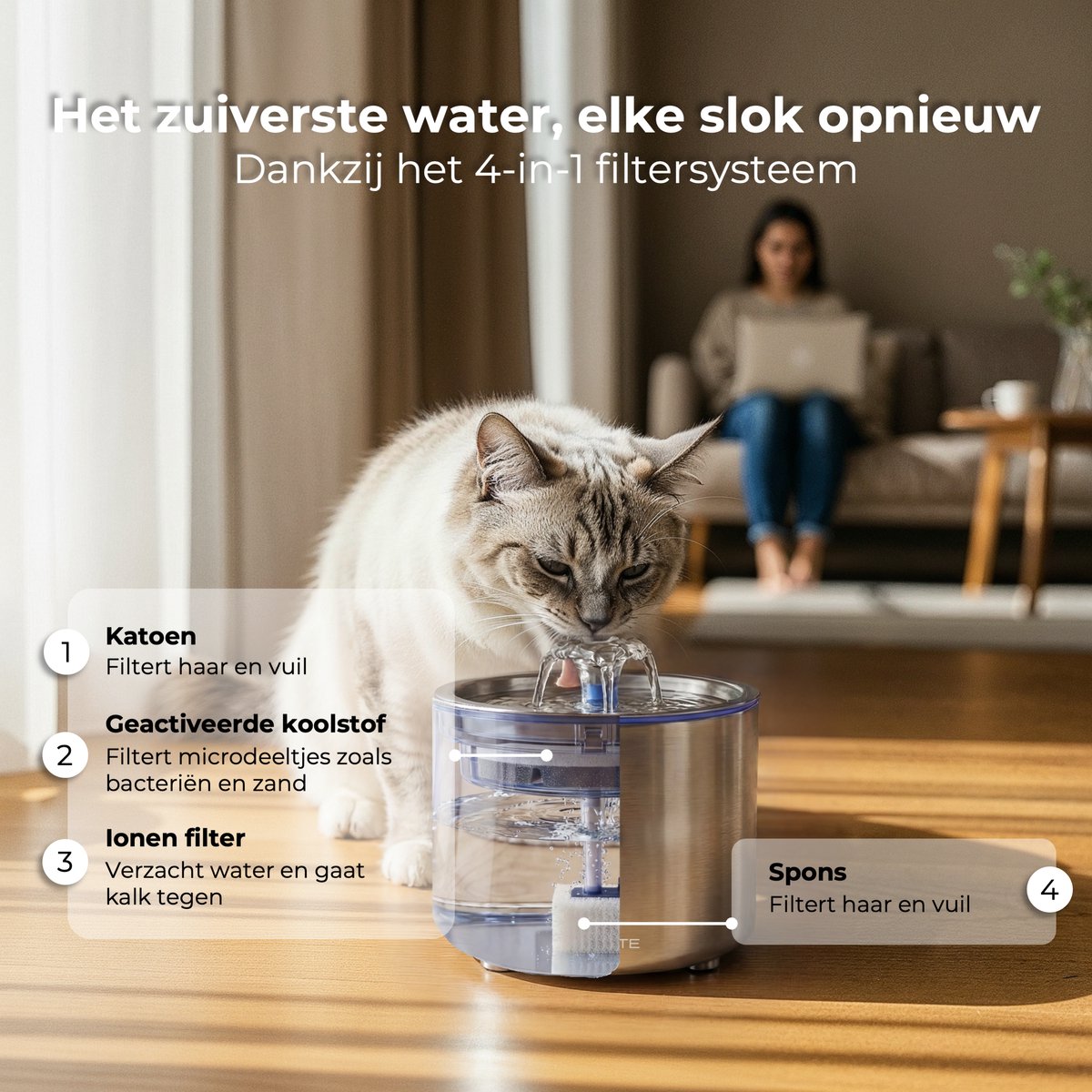 CatElite® - RVS Drinkfontein Kat | Mist - Waterdispenser incl. 3 filters - 2.5L Waterfontein Kat - Kattenfontein - Fluisterstil thumbnail 7