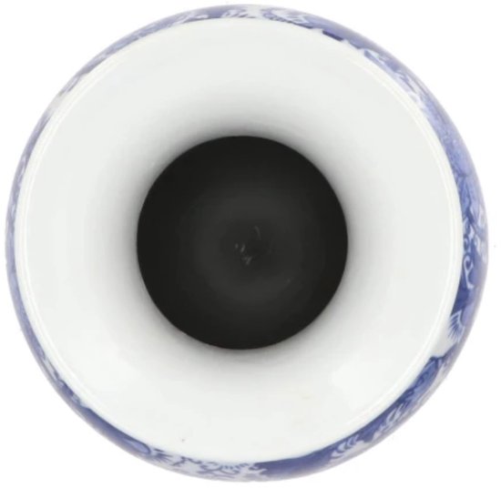 Bovenaanzicht van een blauw-witte Chinese vaas met een blauw patroon