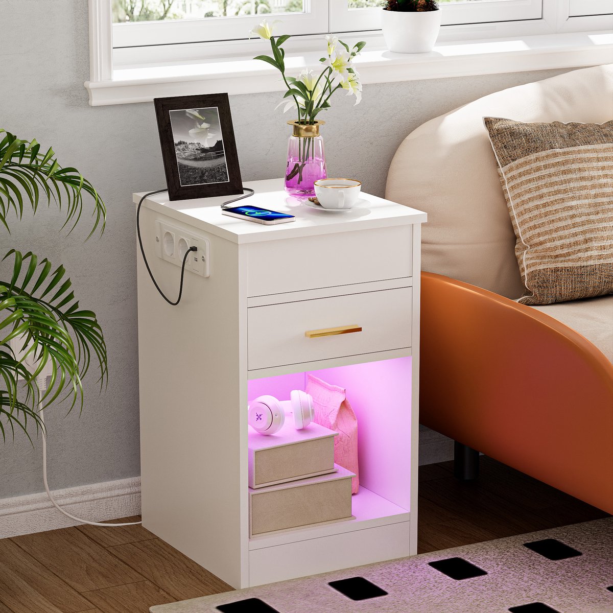 Nachtkastje - Wit nachtkastje - 35x40x60cm - Enkele lade Klapbaar nachtkastje Houten nachtkastje met oplaadstation Verlicht nachtkastje Geschikt voor slaapkamers