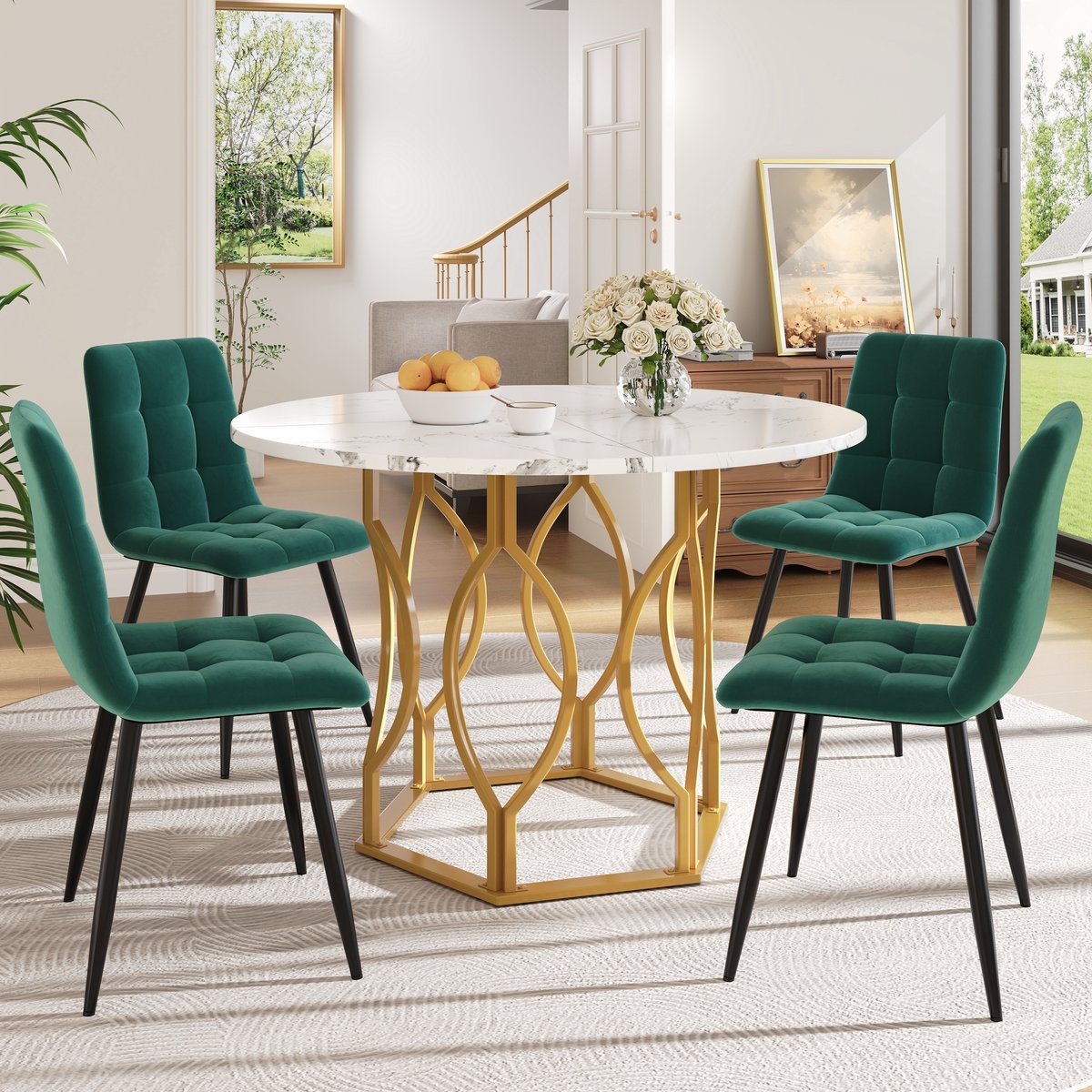 OKWISH Eettafelset 5 Delig - Ronde Tafel 100 Cm - 4 Fluwelen Stoelen - Marmerlook Blad - G