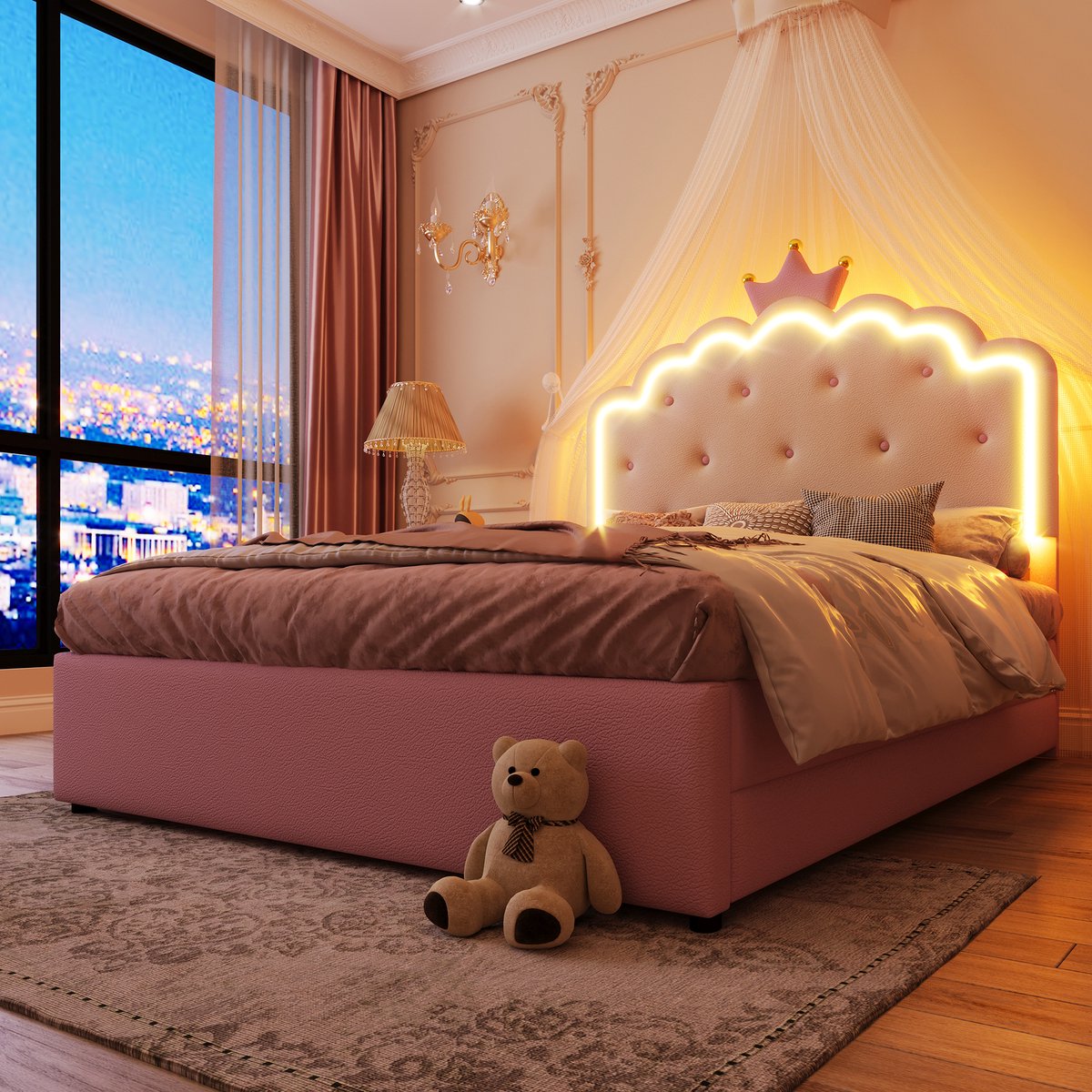 Wishdor Gestoffeerd Kinderbed 140x200 cm – Kroonlijst Design – LED en Uitschuifbed – 2 Lades – PU – Roze