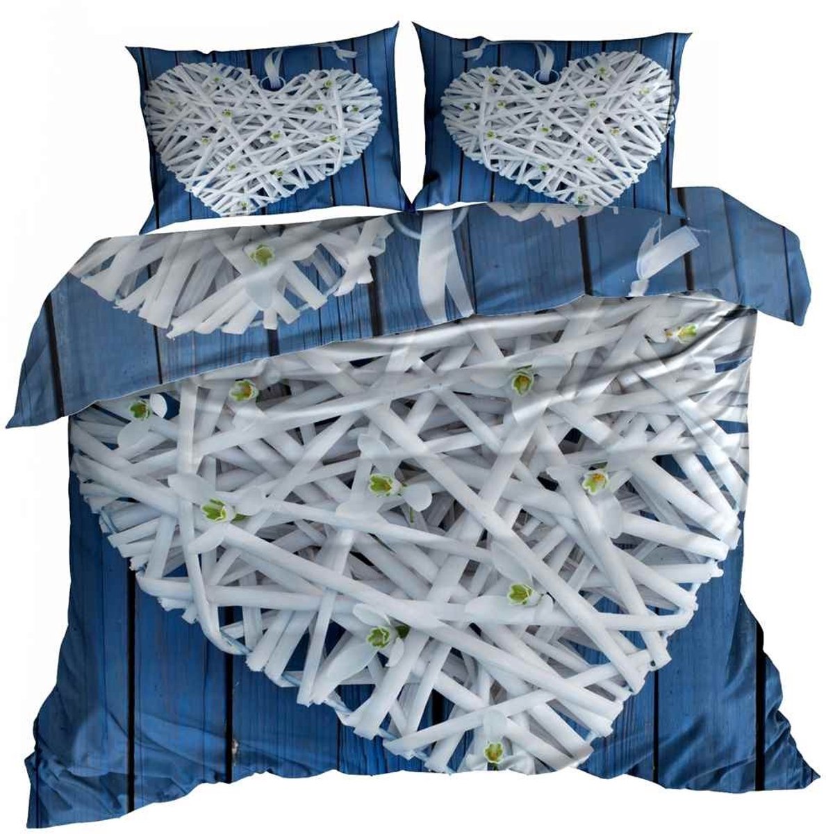 Luxe 3D Dekbedovertrekset - Katoen Satijn - 160x200 cm - Inclusief 2 Kussenslopen 70x80 cm - Design: Gevlochten Hart - Romantisch Blauw & Wit