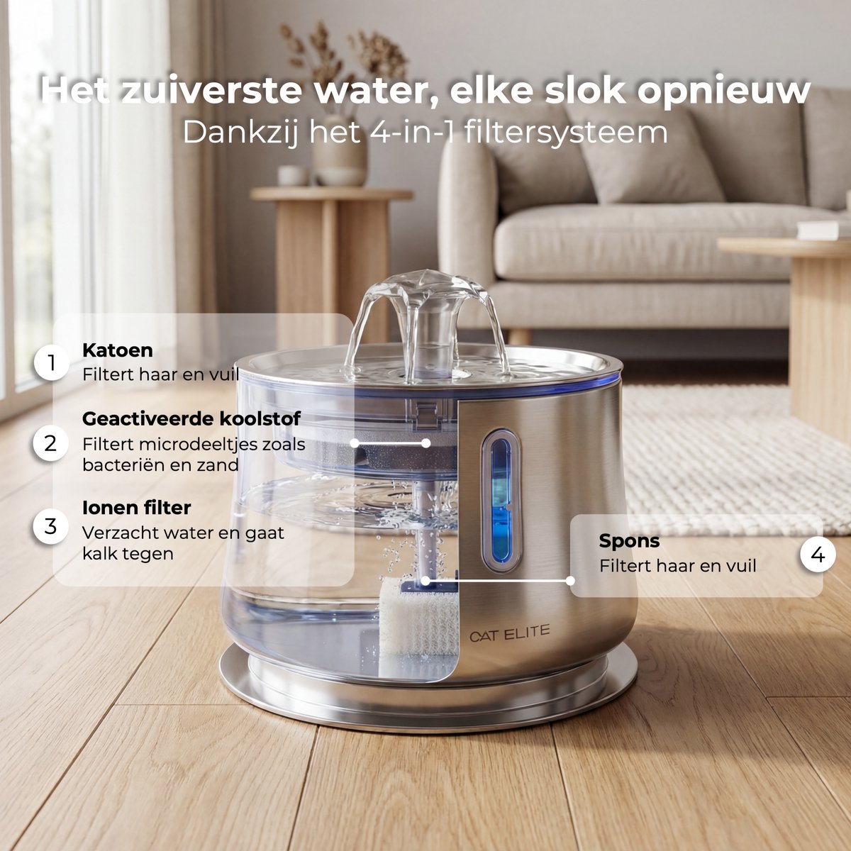 CatElite® - RVS Drinkfontein Kat | Mist - Waterdispenser incl. 3 filters - 2.5L Waterfontein Kat - Kattenfontein - Fluisterstil thumbnail 6