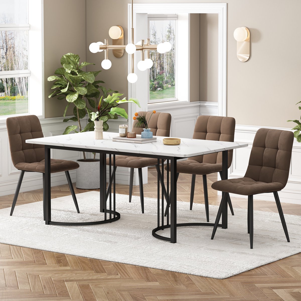 STILVORA Eettafelset Met 4 Stoelen - Marmerlook Eettafel 140×80×75 Cm - Fluwelen Stoelen - Metalen Poten Zwart - MDF Wit