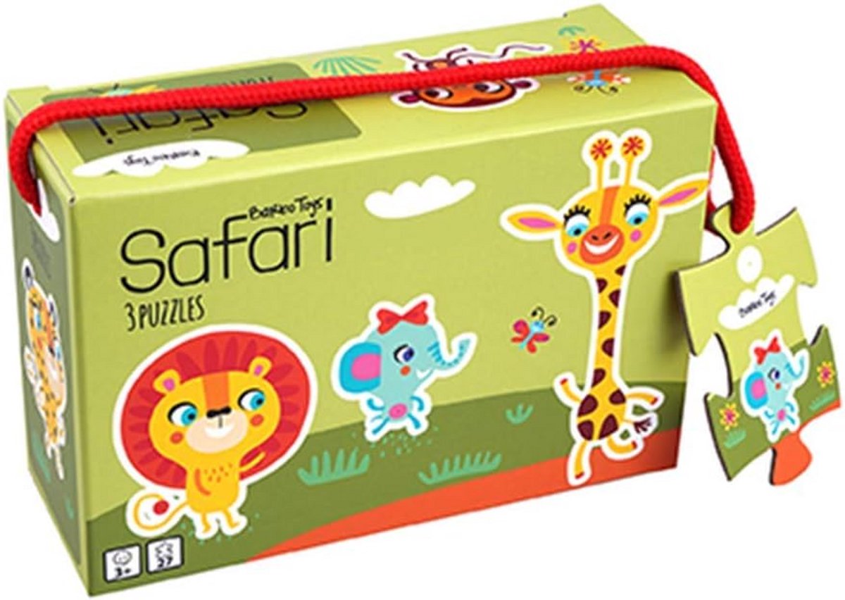 Houten Puzzeldoos met Safari Dieren Puzzels van 6, 9 en 12 Stukjes