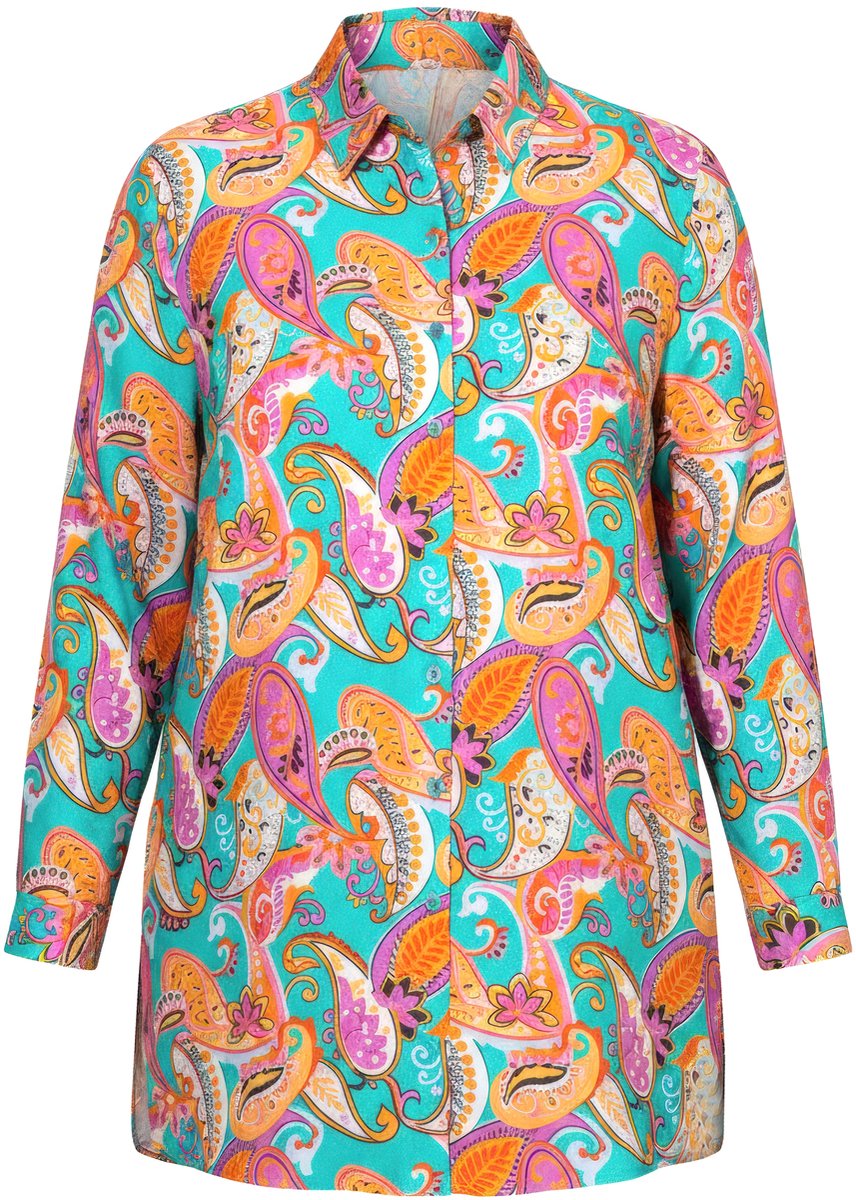 MIAMODA - Dames - Lange blouse paisleymotief overhemdkraag lange mouw - Blauwe munt - Maat 52