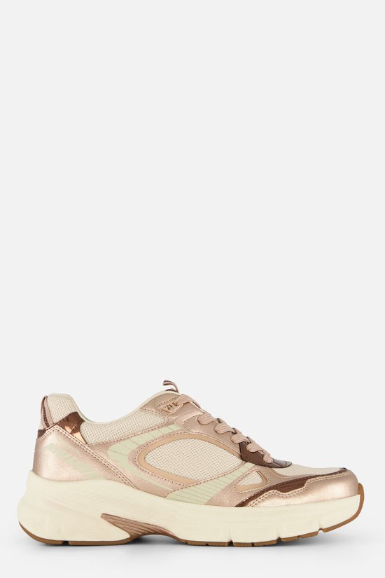 Roségouden Tamaris sneaker met veters, textuur en witte zool.
