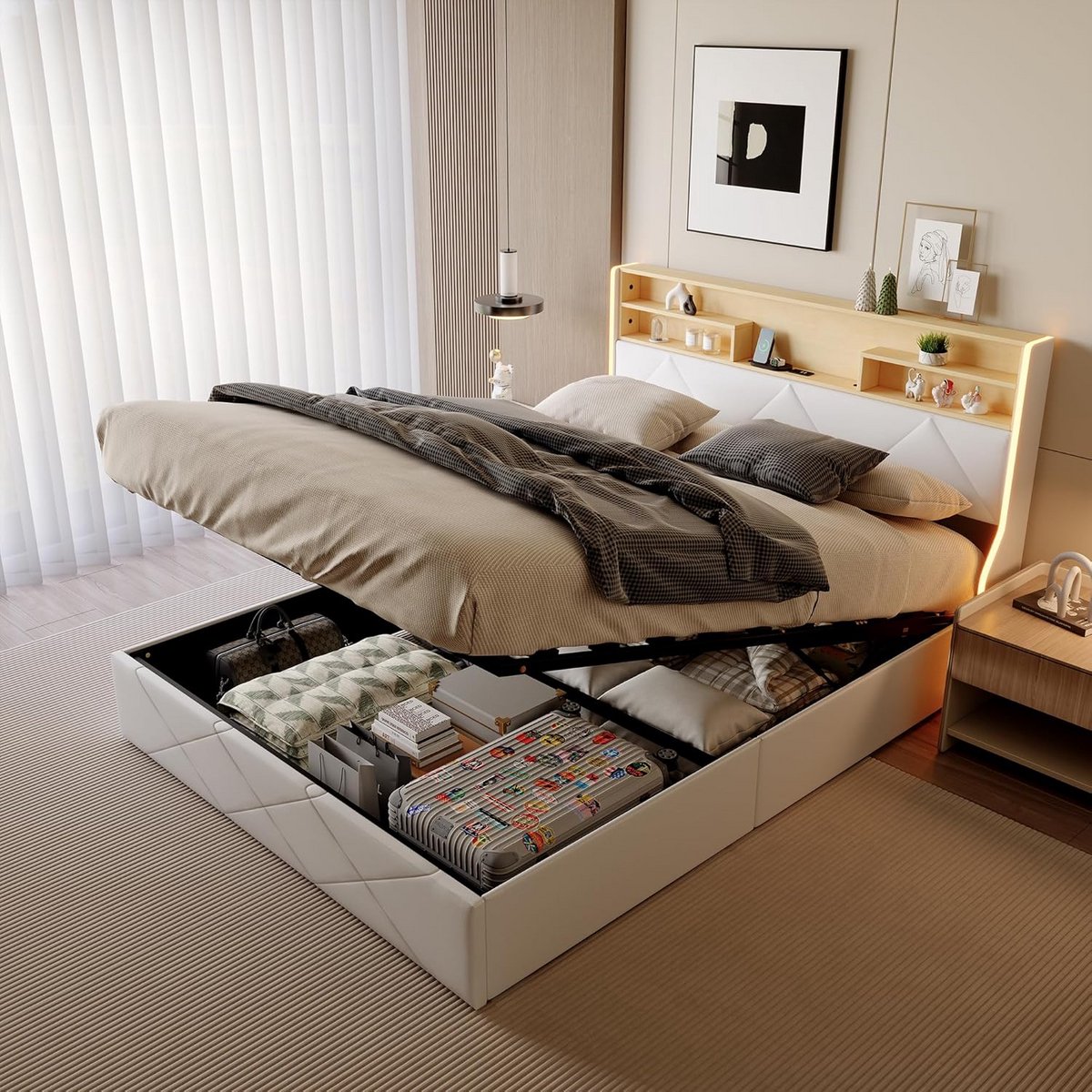 Gestoffeerd Tweepersoonsbed 160x200 cm met Opbergruimte, LED en USB-Poorten, Wit PU-Leer
