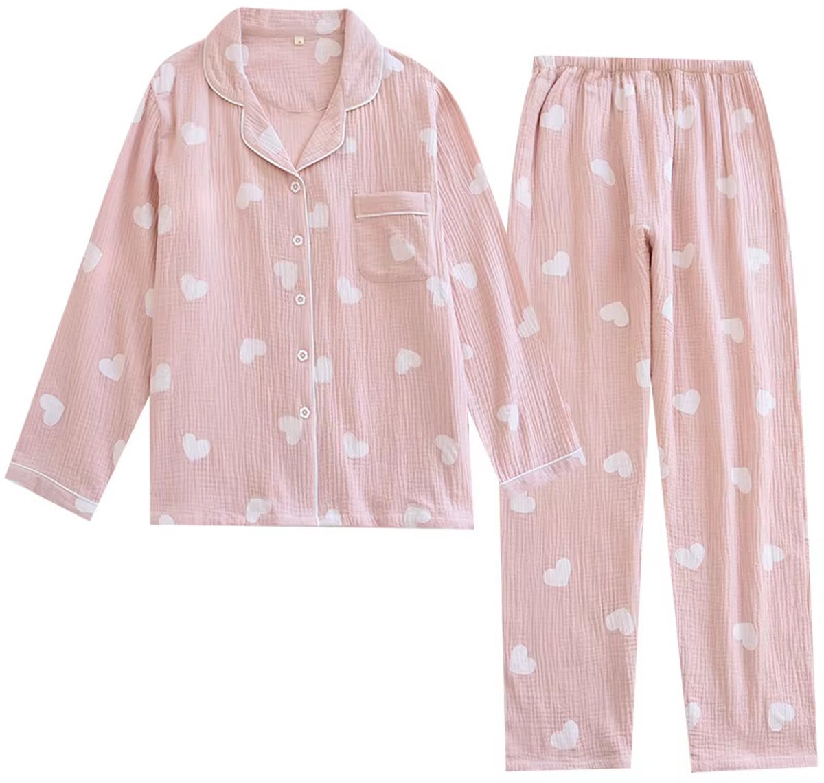 Mylinsé Dames Pyjama Set Lange Mouwen & Lange Broek - Roze met Hartjes - Maat S/M – Hydrofiel Katoen – Luchtig - Nachtkleding