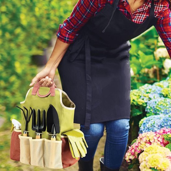 Professionele Tuingereedschap Set - 9-Delig - Inclusief Opbergtas, Snoeischaar & Tuinhandschoenen - Ergonomische Houten Handgrepen - Tuinier Cadeau - Groen — afbeelding 4