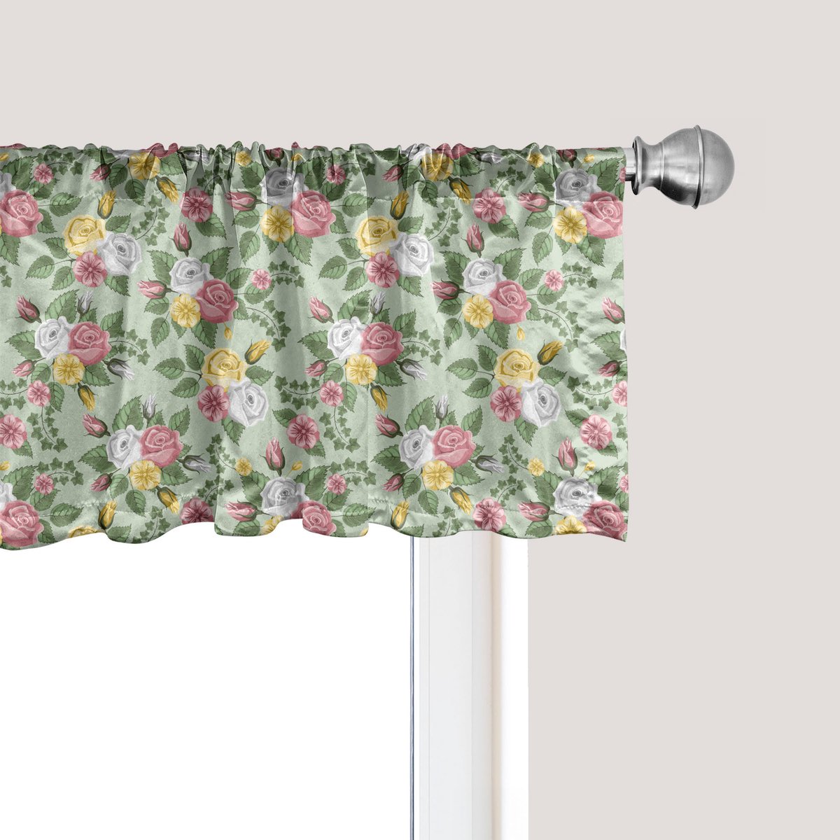 ABAKUHAUS Romantisch raamvalletje, gordijnvalletje voor keuken en slaapkamer met tunnelzoom, 137 cm x 45 cm, lichtgroen meerkleurig