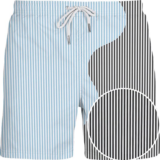 Zwemshort met verticale strepen. Links lichtblauw, rechts donkergrijs met een ingezoomd detail van de donkergrijze strepen.