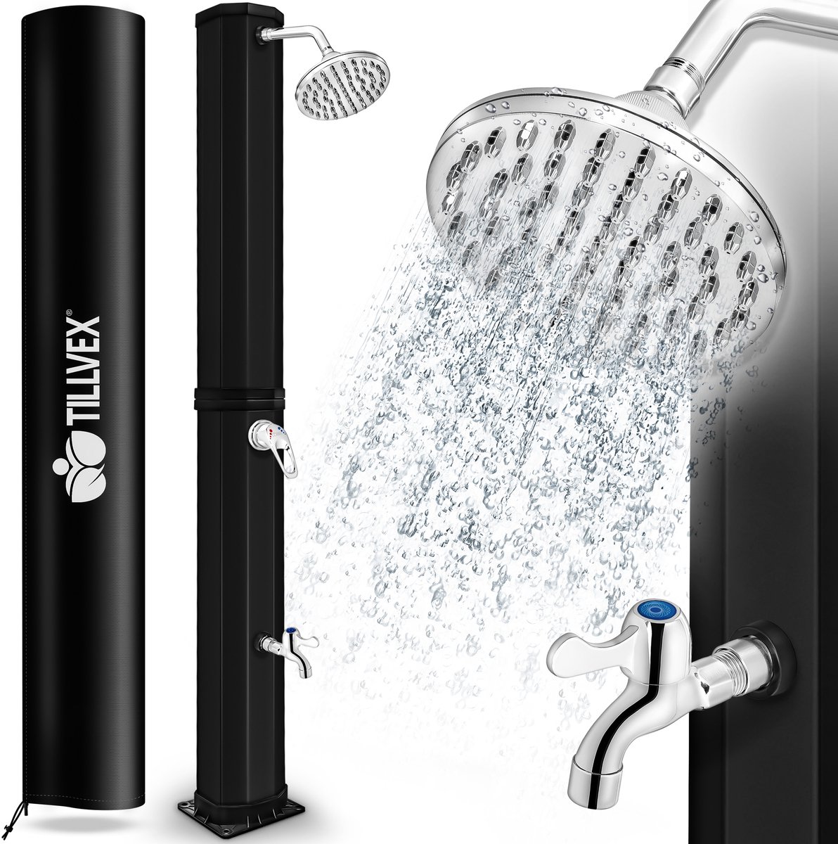 tillvex zonnedouche 35 liter inclusief Beschermhoes | Tuindouche voor de tuin warm water | Zwembad-douche camping | zonder stroomaansluiting | met kraan en regendouchekop | Tuinslangaansluiting