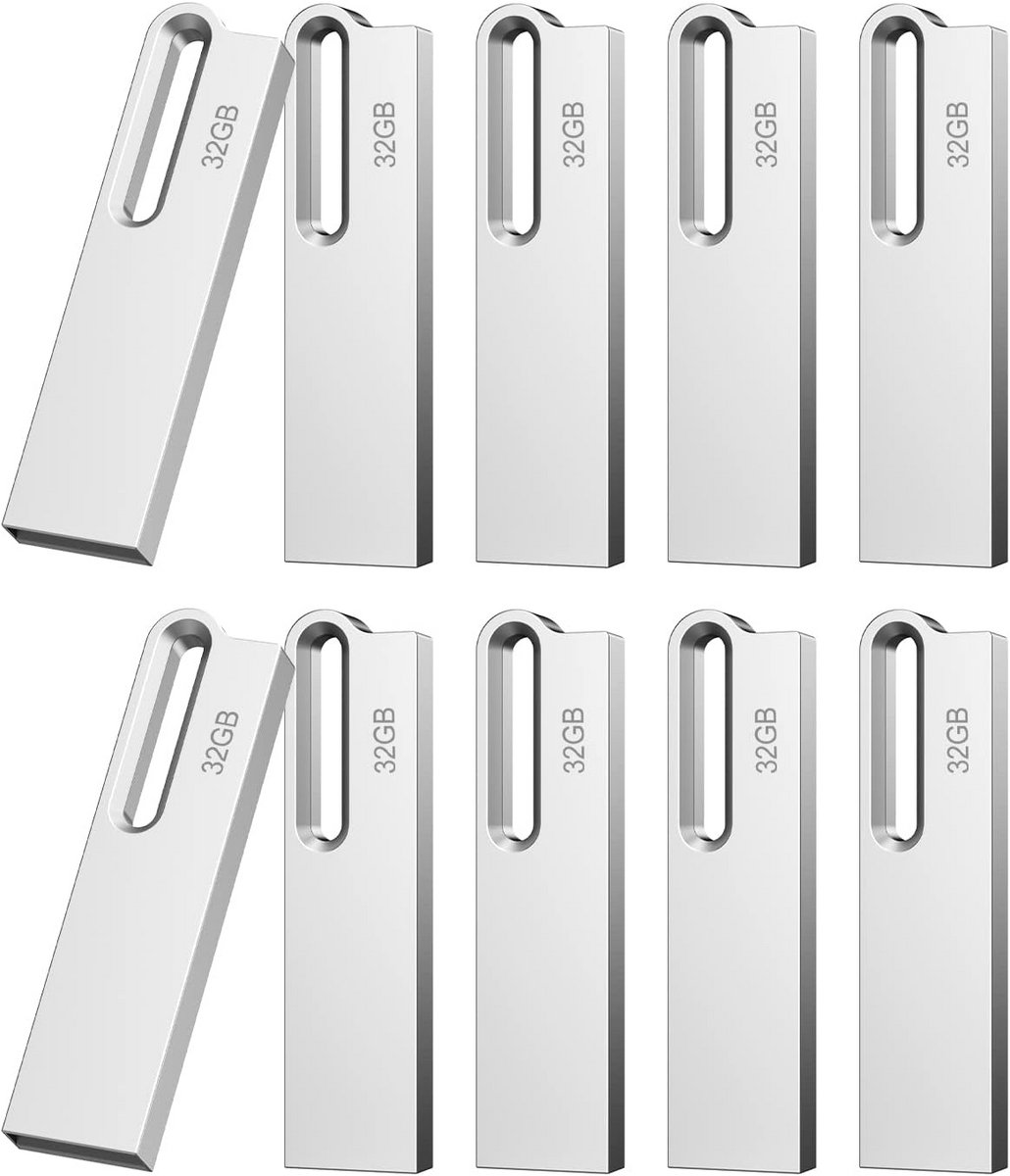 10x 32 GB USB Sticks Metaal Zilver - USB 2.0 Geheugensticks met Sleutelhanger