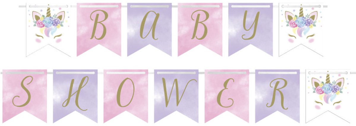CREATIVE PARTY - Kartonnen banner feeën-eenhoorn baby shower 2,1 m met vlaggetjes
