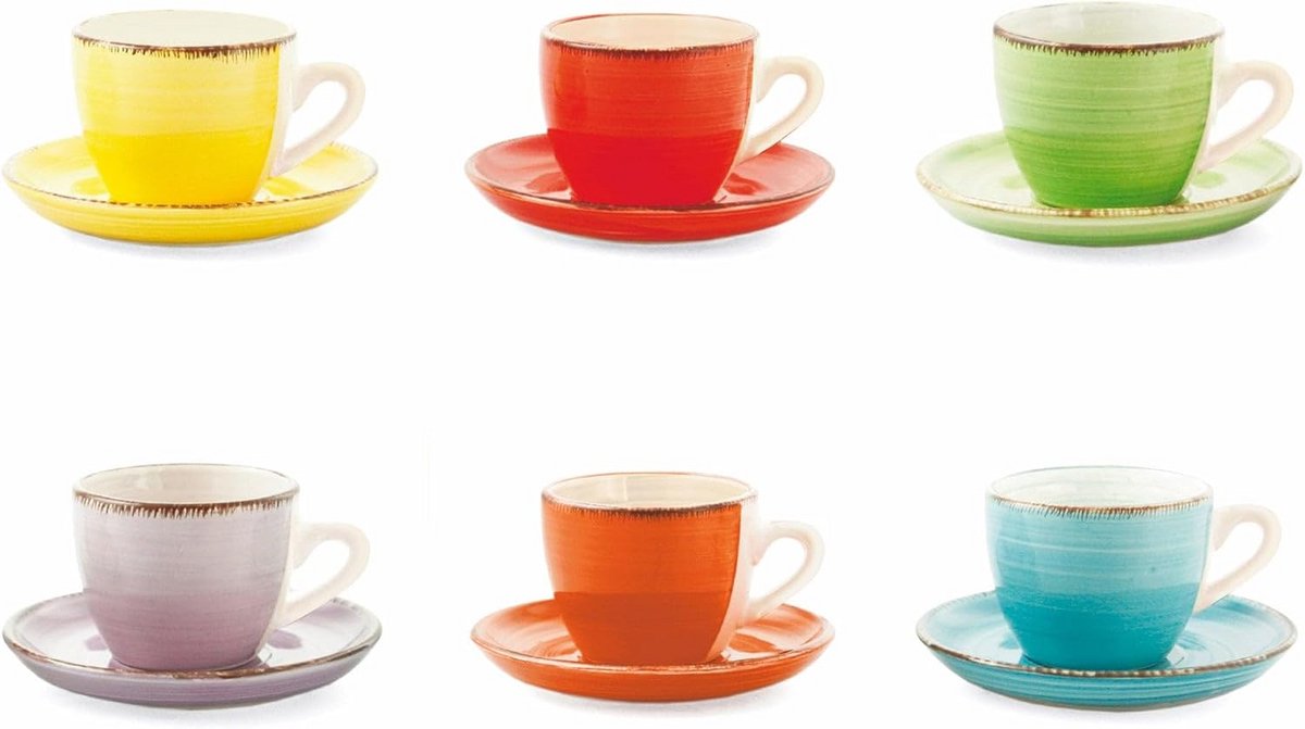 Set van 6 Koffiekopjes met Schoteltjes van Aardewerk - Meerkleurig Servies