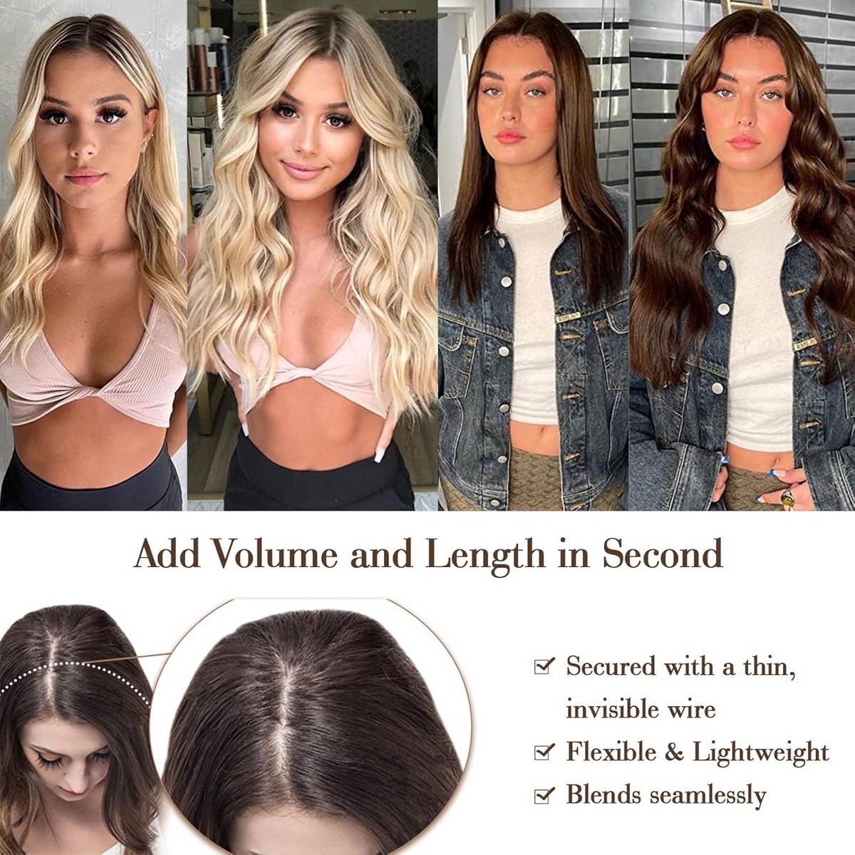 Onzichtbare Clip-in Haarverlenging 40 cm Bruin - Golvend Synthetisch One Piece Haarstuk