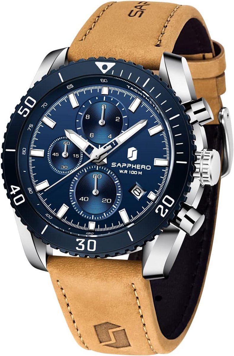 Luxe Herenhorloge met Leren Band - Chronograaf en Analoge Wijzerplaat