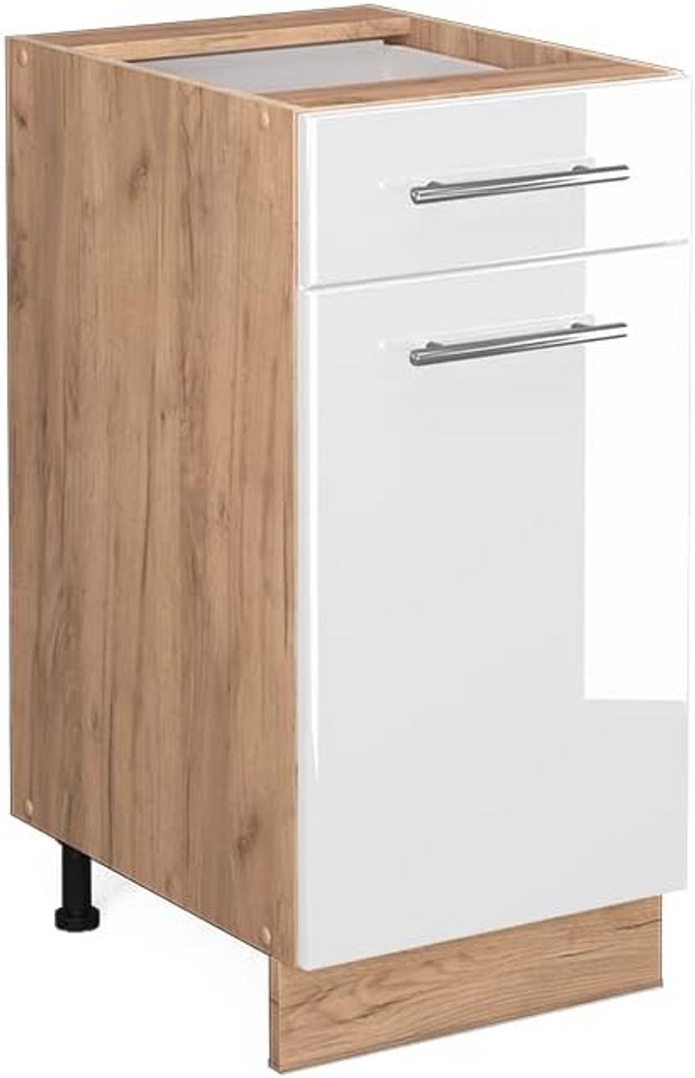 Keukenonderkast Lade Kast 40 cm Wit Hoogglans met Eikenhout Detail