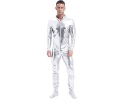 Glanzend Metallic Bodysuit Heren - Strakke Jumpsuit met Ritssluiting voor Feest en Carnaval