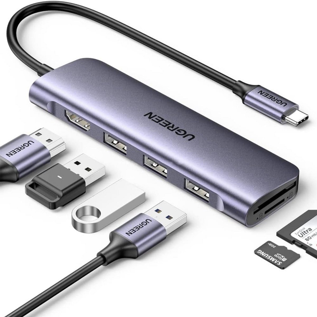6-in-1 USB-C Hub met HDMI 4K, 3x USB 3.0, SD/TF Kaartlezer - Multifunctionele Adapter