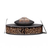 Blumfeldt Ebeko Brasero - Brasero 3 en 1 - Grille et table - Acier robuste - Avec protection contre les étincelles - Tisonnier - Plateau en bois et housse de pluie - Perfect pour le jardin et la terrasse - Zwart