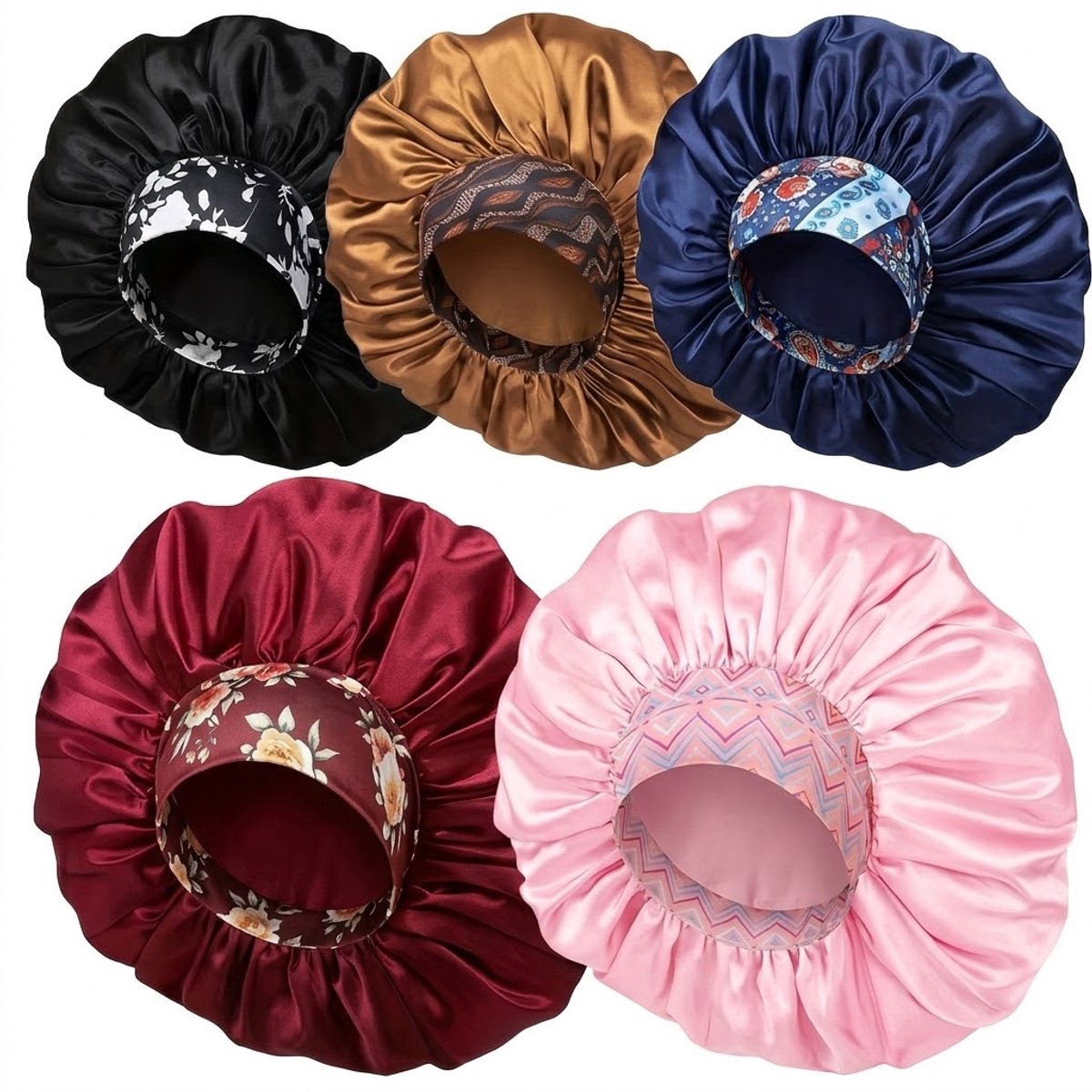 Zwart goud blauw rood roze satijn haar bonnet – slaapmuts – geschikt voor dames – brede elastische band met patroon – set van 5 stuks