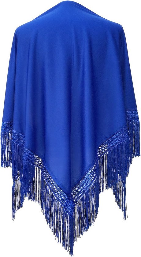 Kobaltblauwe sjaal in mantilla-stijl met franjes en een decoratieve rand.