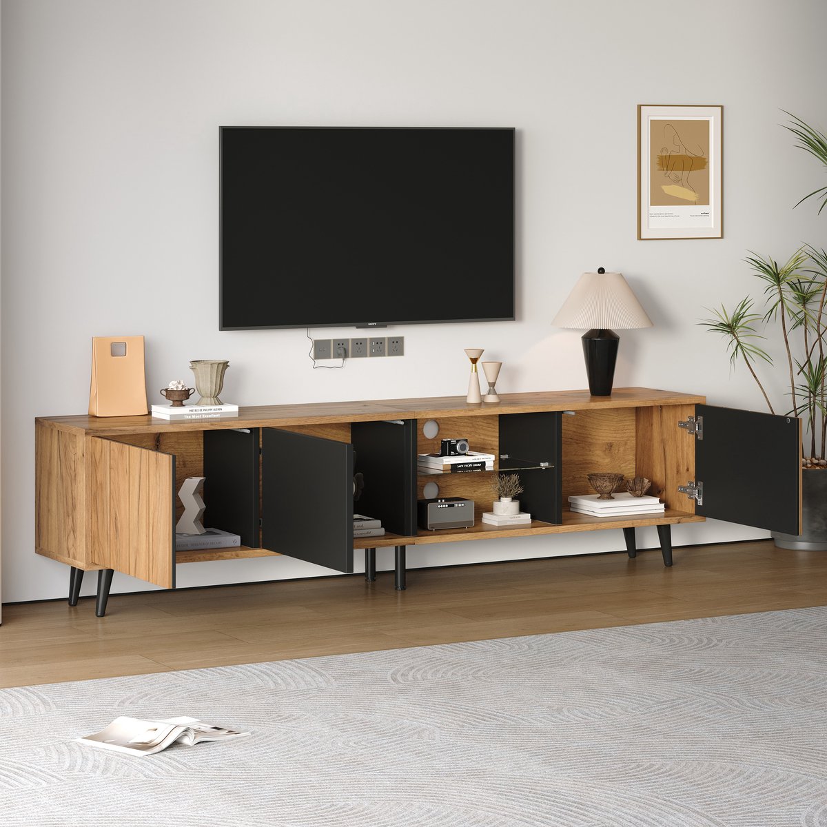 HAUSS SPOLE Tv Meubel - 3 Kasten Met Deuren En Glazen Legplank - Voor Woonkamer - Spaanplaat Naturel Zwart - 175x31,5x45 Cm Natuurlijk