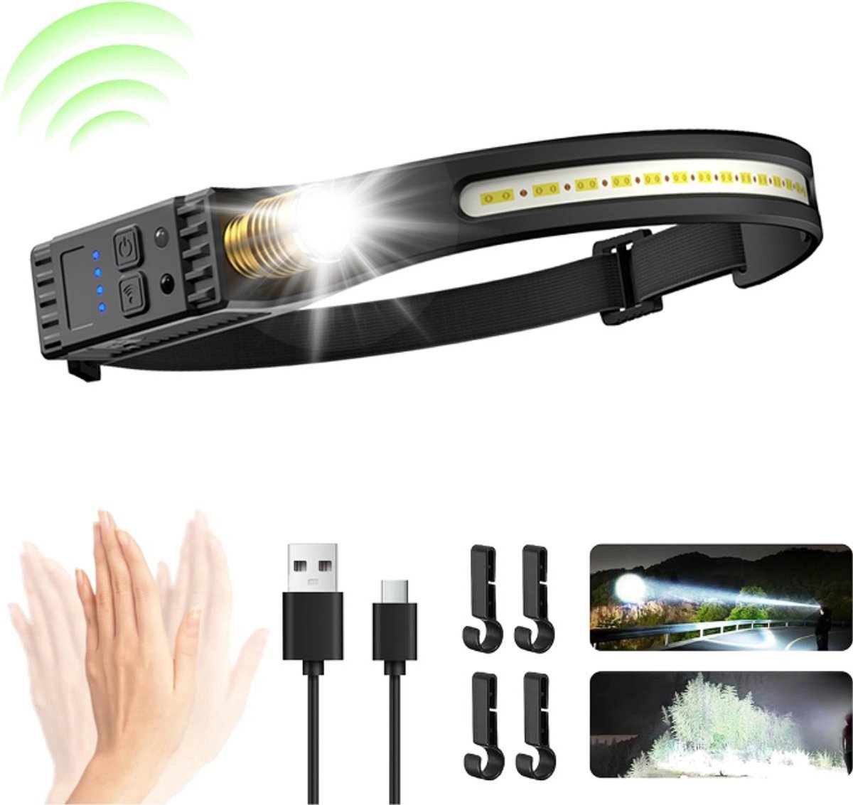 Kraftverdia™ - Hoofdlamp Led Oplaadbaar - Superheldere 230° groothoekbundel - Verstelbare focus - met bewegingssensor - Waterdichte lichtgewicht hoofdlamp - voor joggen, kamperen, vissen - 5 Lichtstanden - 30 uur looptijd