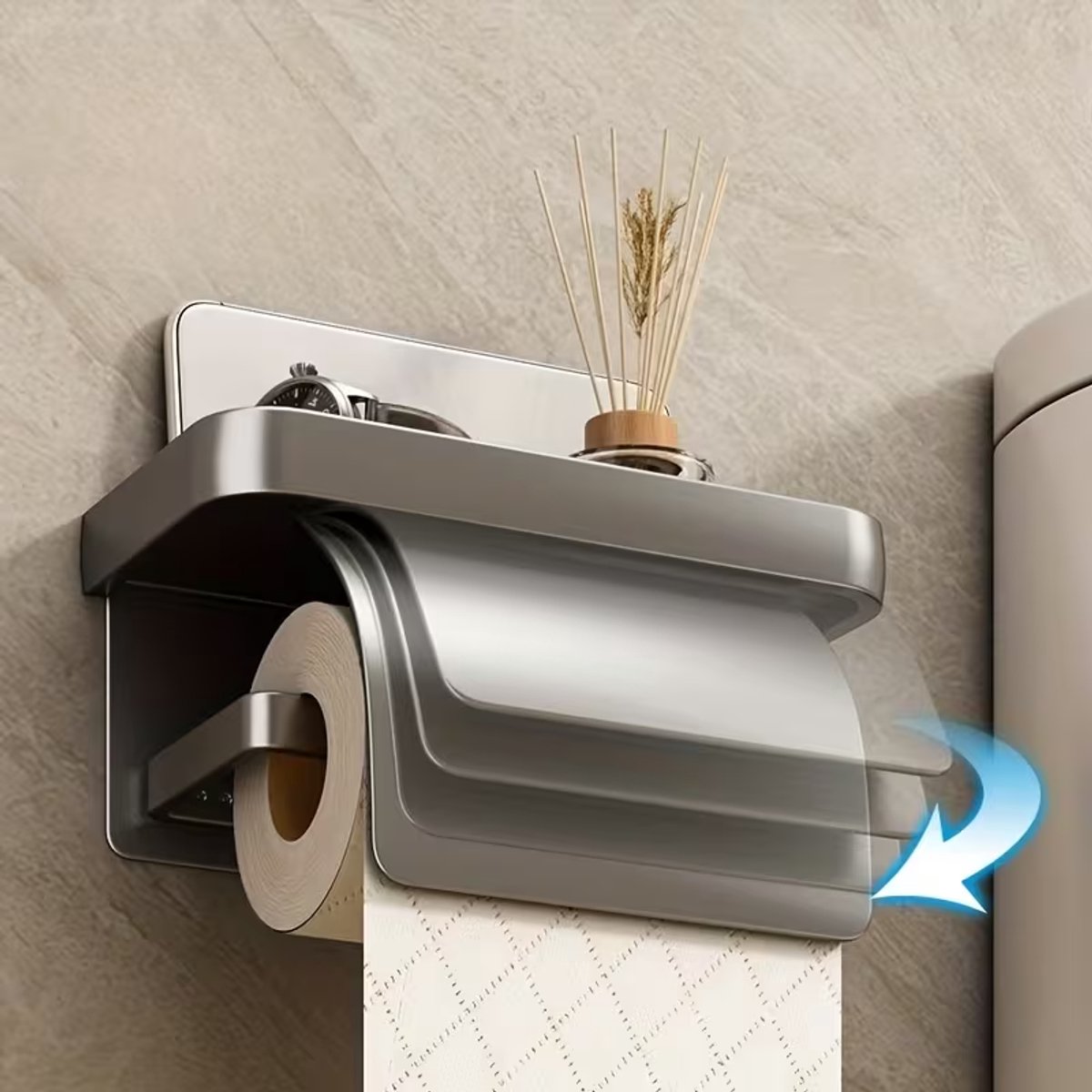 Wandgemonteerd toiletpapierhouder zonder boren, zuignap tissue dispenser met gratis haakjes. Universeel voor toiletpapier, eenvoudig te installeren voor de badkamer.