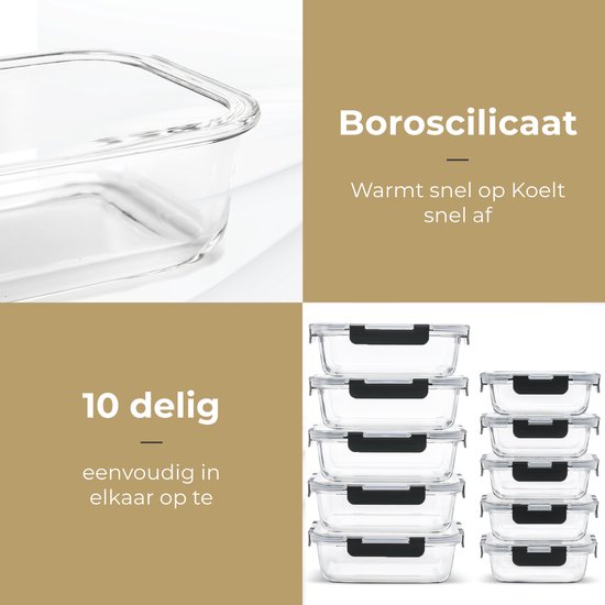 Set van 10 glazen vershouddozen, 5x 1050ML en 5x 350ML.