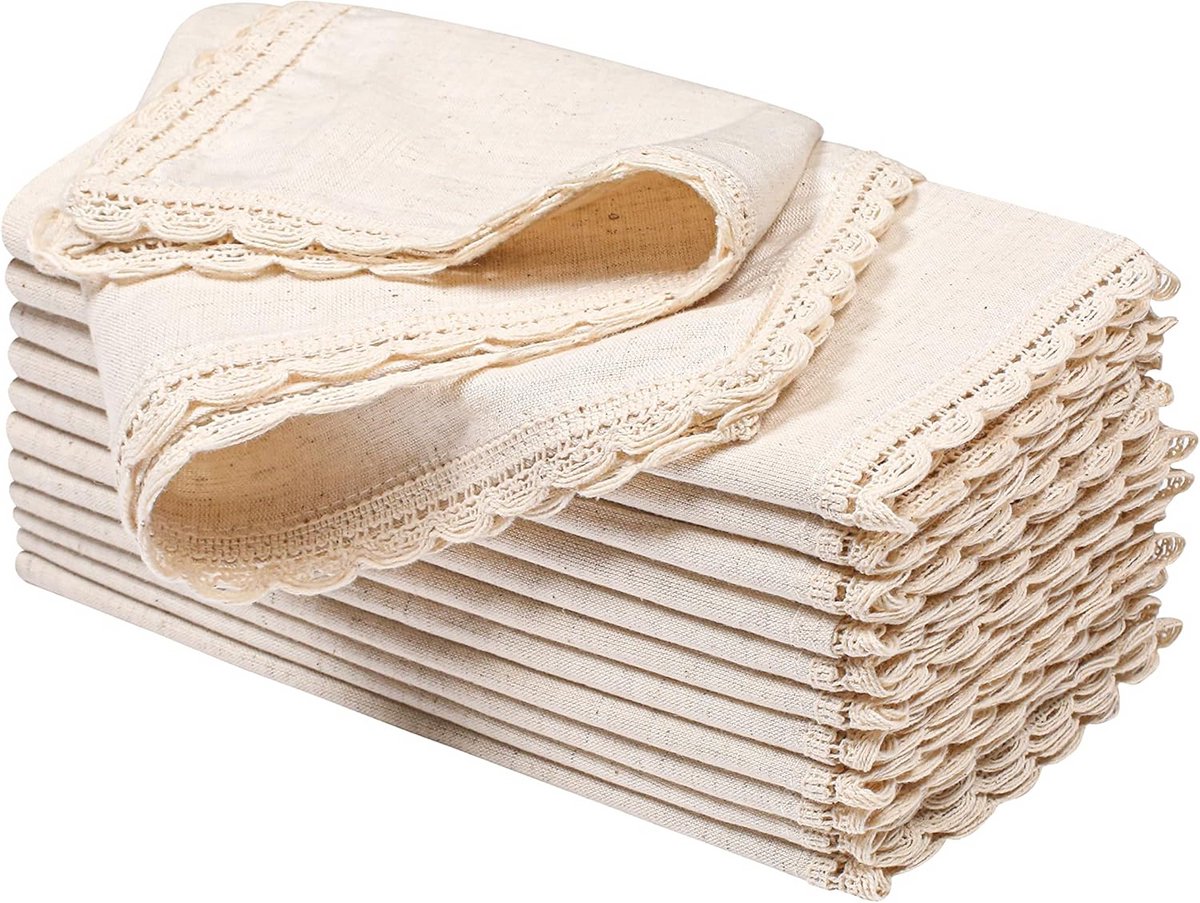 12x Linnen Katoen Servetten met Kantrand 20x20 cm Natuurlijk
