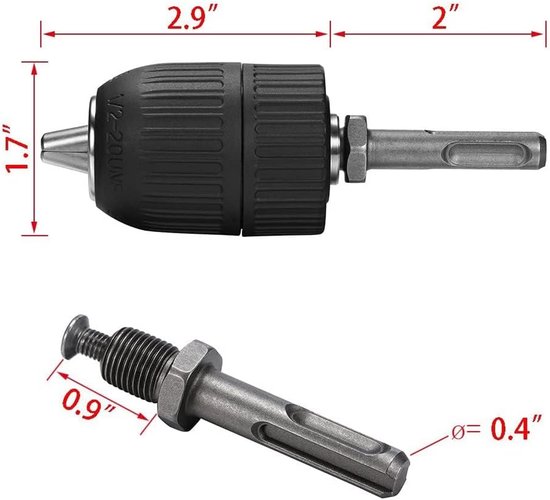 13 mm snelspanboorkop met SDS-adapter. Afmetingen: 1,7" x 2,9" x 2"..
