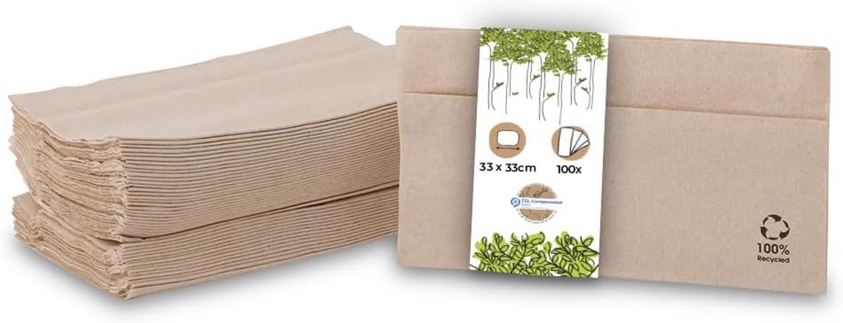 Bruine Gerecyclede Papieren Servetten 1-laags 33x33 cm Ongebleekt 100 Stuks