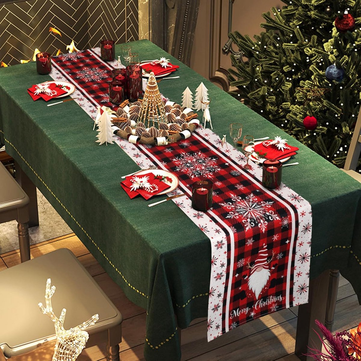 Kerst Tafelloper Rood Sneeuwvlok Geruit Tafelkleed 183x33cm Wasbaar