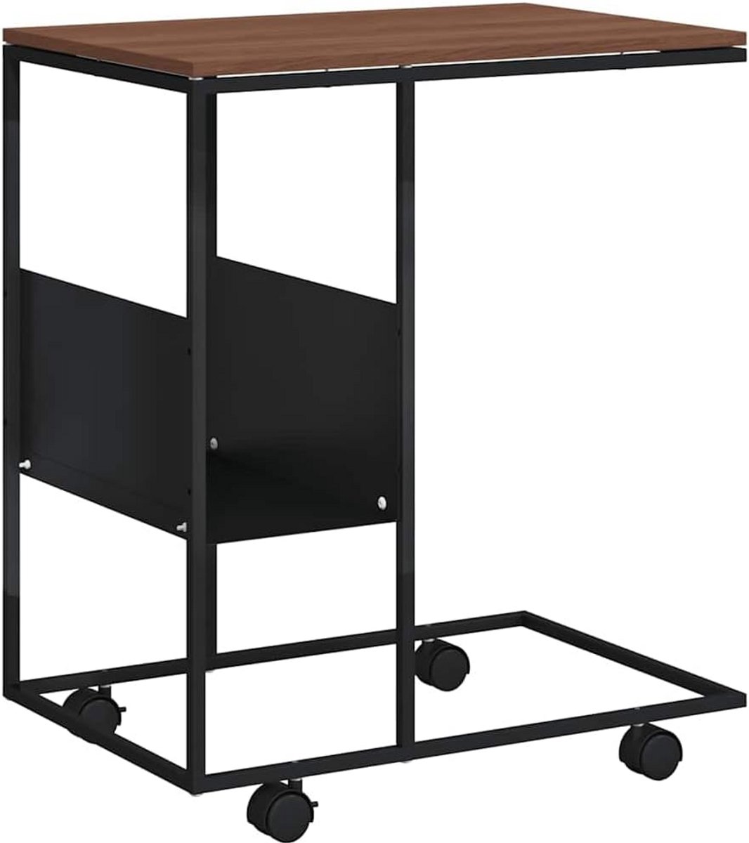C-vormige bijzettafel met wielen en opbergplank Zwart