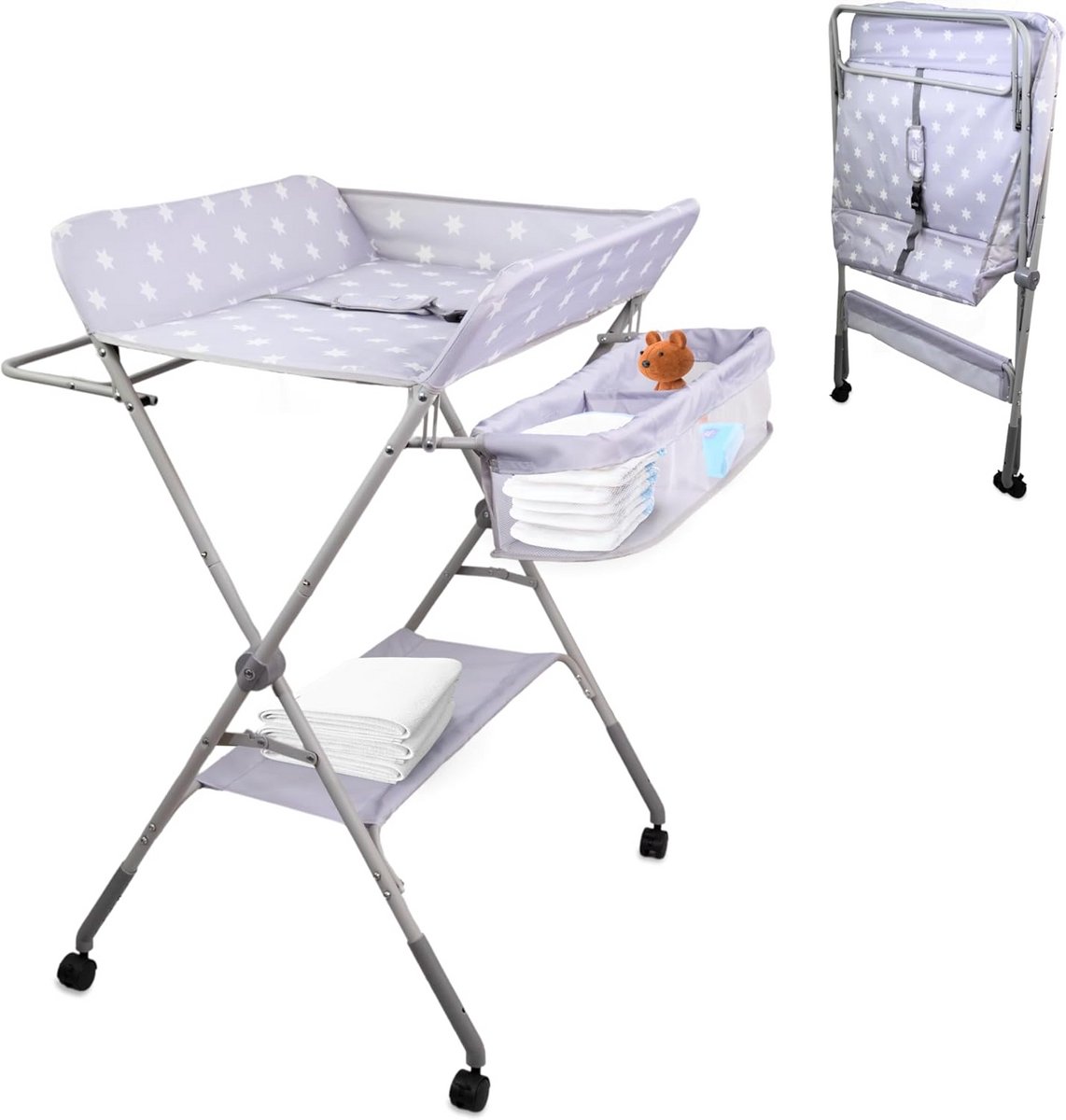 Opvouwbare en In Hoogte Verstelbare Baby Verschoontafel met Wielen