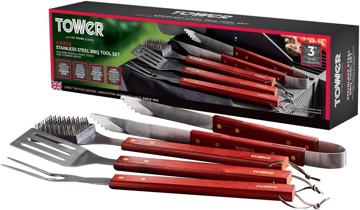 4-Delige BBQ Gereedschapset Roestvrij Staal met Houten Handvatten