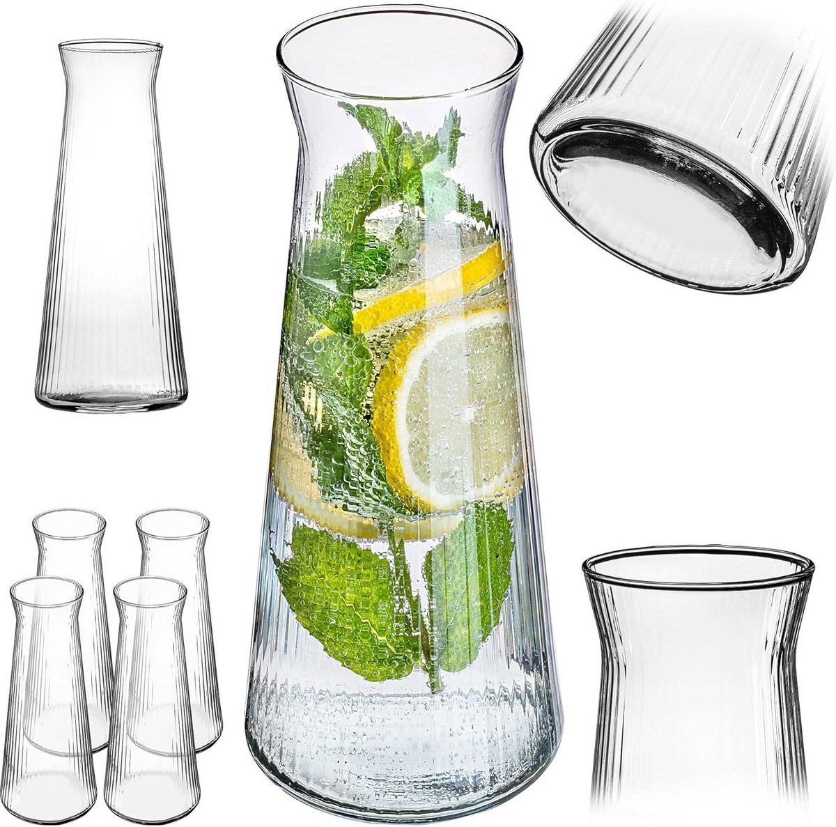 Set van 4 Glazen Karaffen 1 Liter voor Water, Sap en Dranken
