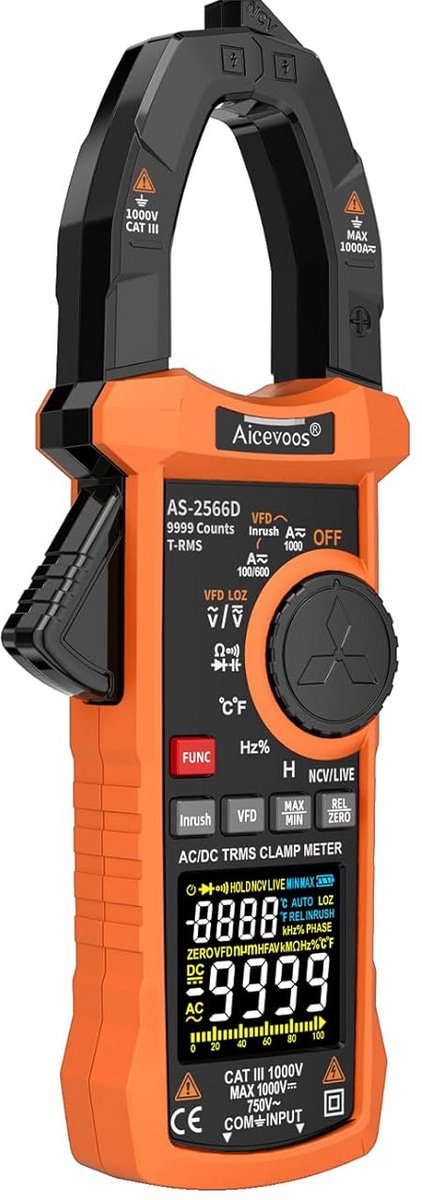 Professionele True-RMS Stroomtangmeter 1000A DC/AC met Multimeter Functies