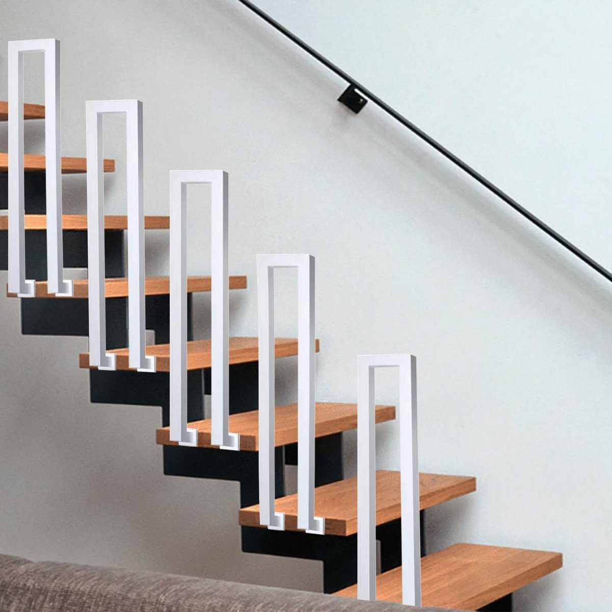 U-vormige trapleuning voor binnen en buiten, montagepakket, zwart, 95 cm