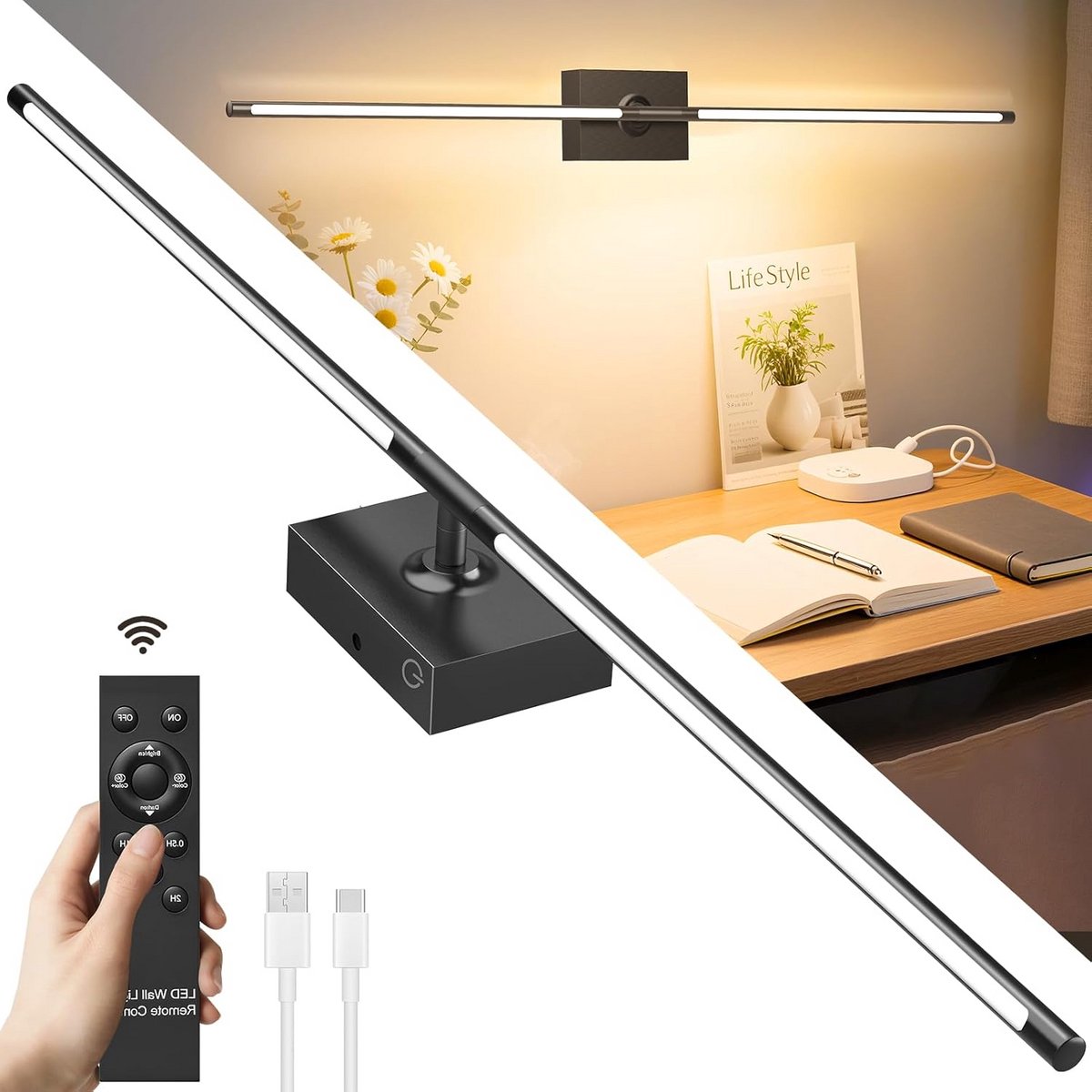 Lange LED Wandlamp Binnen 80 cm Dimbaar met Afstandsbediening en Draaibare Kop
