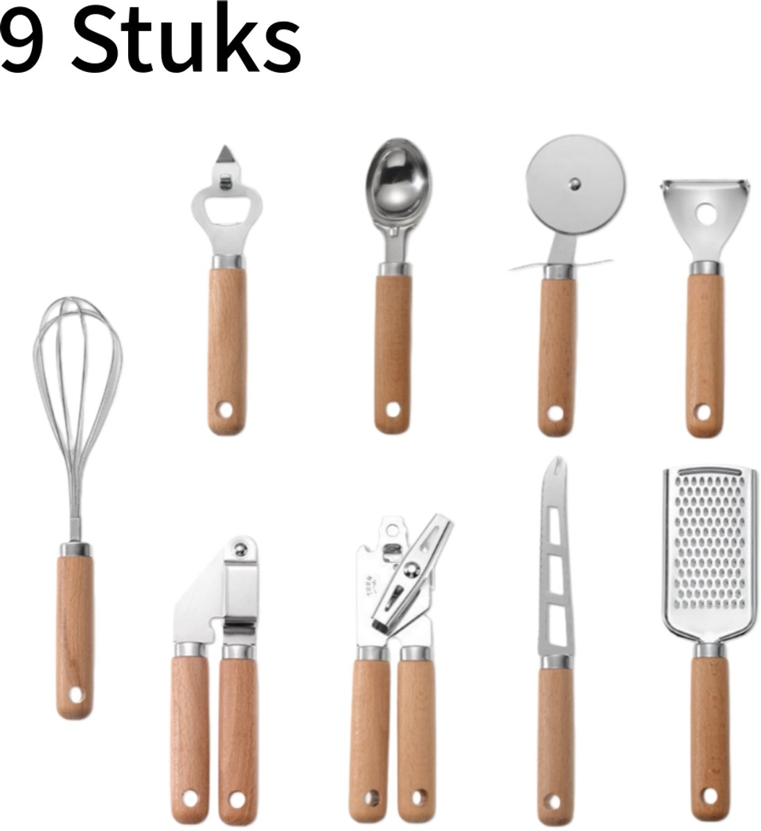 9-delige set - Keukengerei set - Bakset - Garde - Pizzasnijder - Roestvrijstaal - Meerkleurig