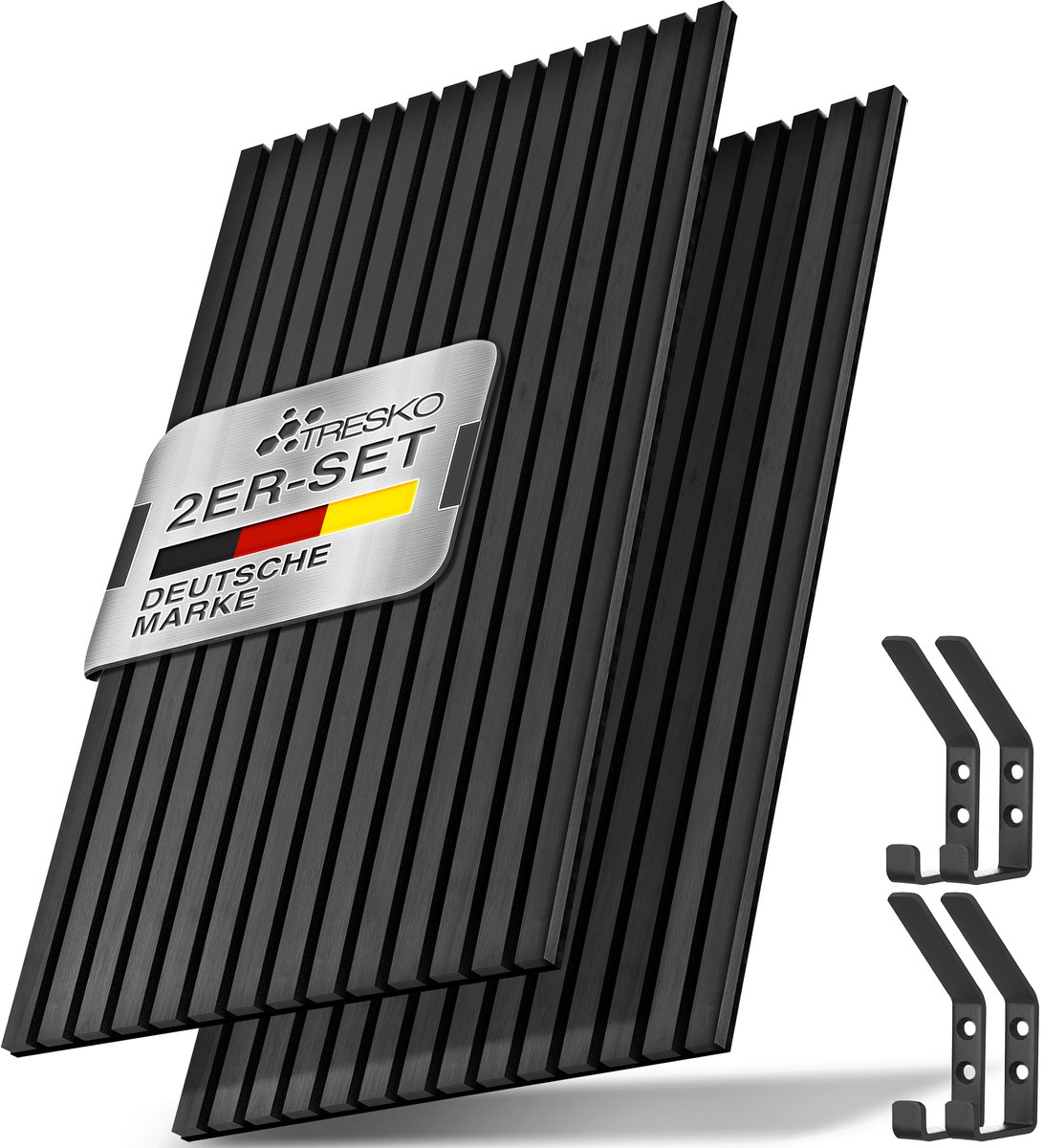 TRESKO® 2 stuks akoestische panelen hout 120×60x2,1 cm incl. 4x kleerhaken | Wandbekleding eiken zwart als 3D lamellenwand | Houtpanelen panelen voor geluidsisolatie | Akoestische wandpanelen met