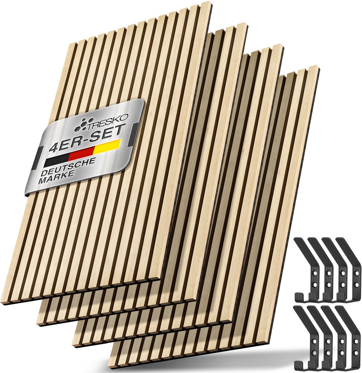 TRESKO 4 stuks akoestische panelen van hout, 120 x 60 cm, incl. 8 x kledinghaken, wandbekleding licht als 3D-lamellenwand, houten panelen voor geluidsisolatie, akoestische wandpanelen, inclusief