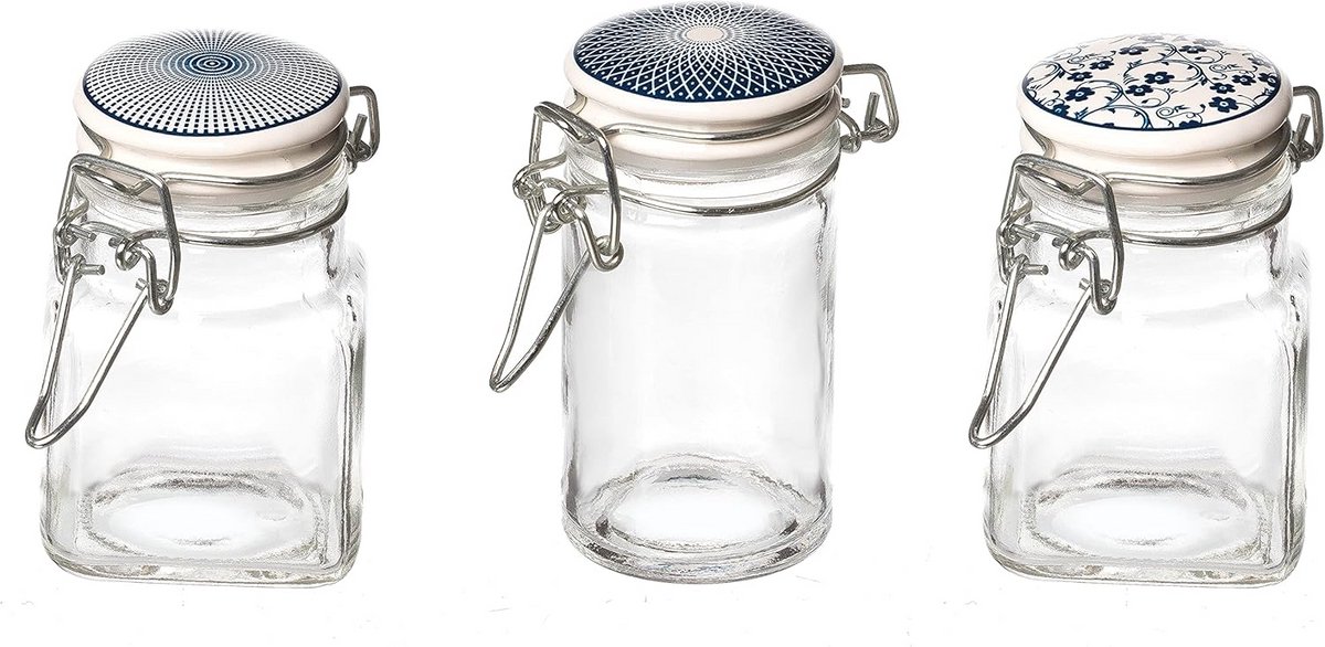 3-delige set glazen voorraadpotten met blauw-witte motieven